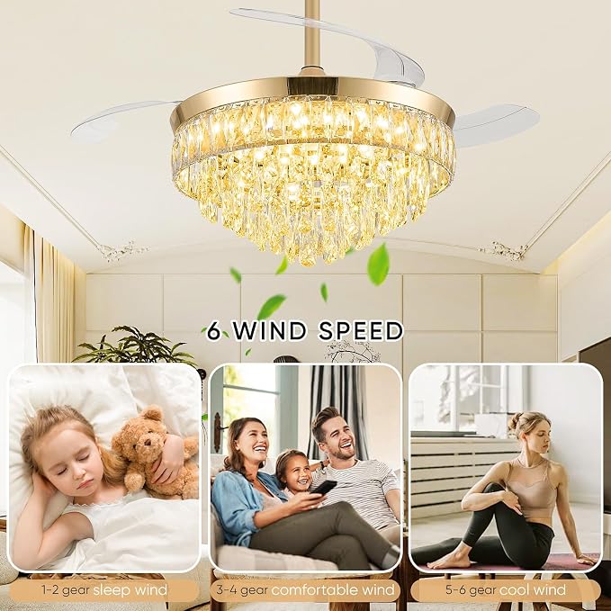 48 Inch Chandelier Ceiling Fan with Lights, Retractable Fan with Remote and APP, Crystal Fandelier Ceiling Fan, Dimmable LED, Reversible Motor, Quiet for Bedroom Living Room-Gold