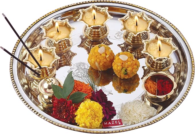 HAZEL Stainless Steel Pooja Aarti Thali Set, 11 inches with 5 Pcs Diva, 1 Pc Incense Holder and Kumkum Wati, Silver