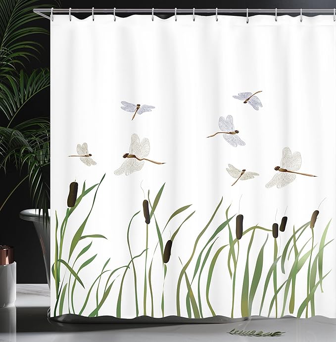 Ambesonne Dragonfly Shower Curtain, Flying Small Dragonflies Over Tall Reeds Botanical Environmental Graphic, Cloth Fabric Bathroom Decor Set with Hooks, 69" W x 84" L, Purple Green