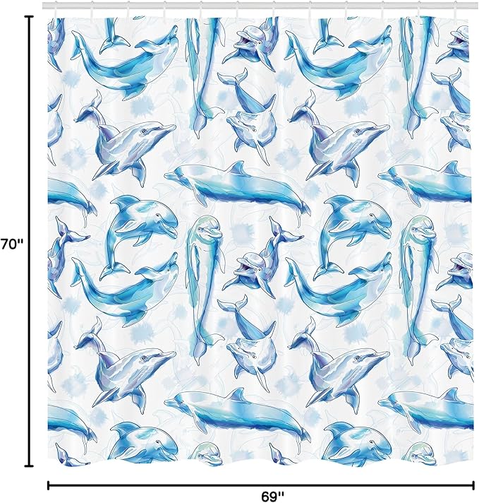 Ambesonne Sea Animals Shower Curtain, Sketch of Bottlenose Dolphins Playing Laughing in The Ocean Sea Life Print, Cloth Fabric Bathroom Decor Set with Hooks, 69" W x 70" L, Turquoise White