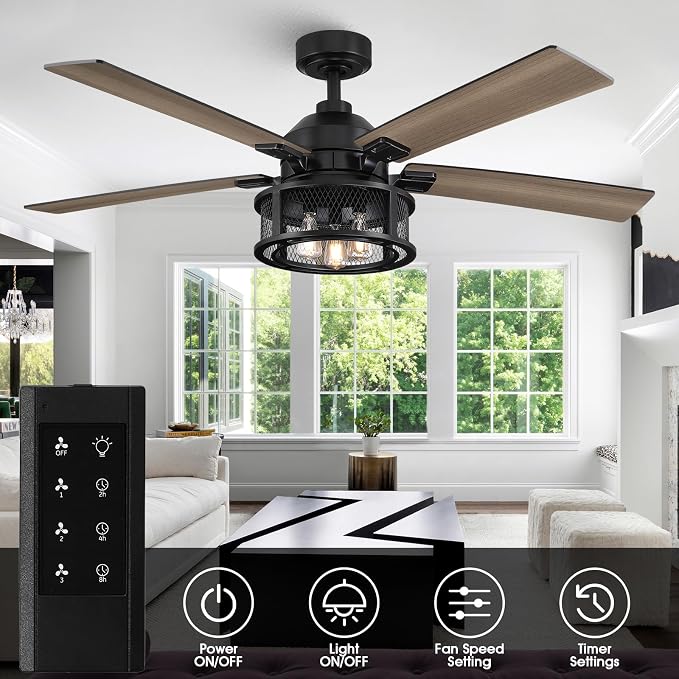 52 Inch Farmhouse Ceiling Fans with Lights and Remote, Outdoor Ceiling Fan with 5 Dual Finish Blades, Black Ceiling Fan with Reversible Quiet Motor for Bedroom, Living Room, Kitchen, Black