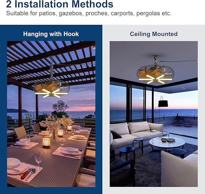 Coolbull Outdoor Ceiling Fans with Lights, 20'' Hanging Fan, Plug and Play | Wet Rated, Remote & APP Control Outdoor Fan with Hook for Gazebos, Patios, Porches, Wood Color