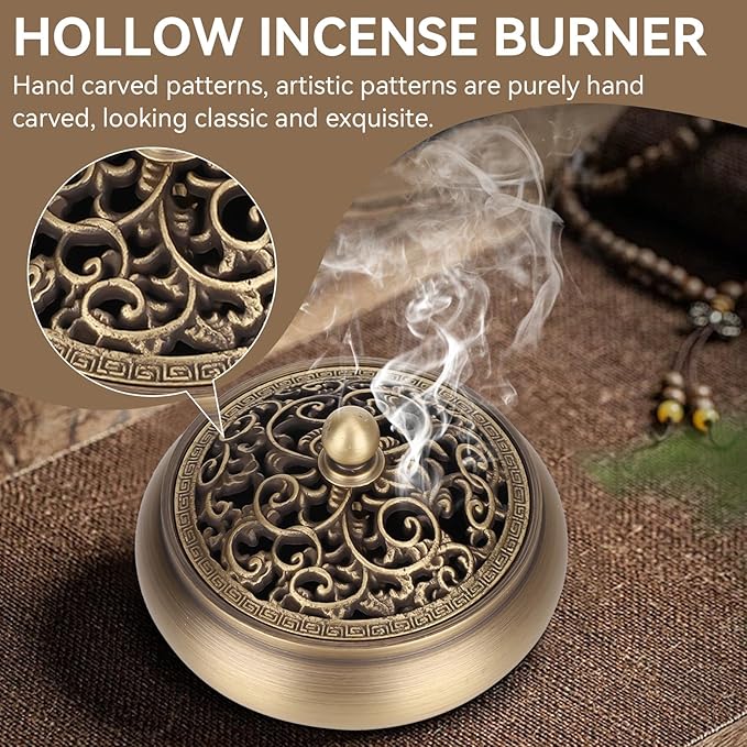 Brass Incense Burner with Lid, Antique Incense Holder Censer Incense Burner Bowl with Lid for Coils Stick Incense Home Office Decor Indoor Ornament Handicraft