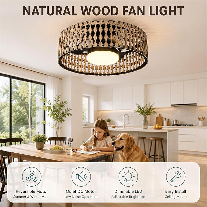 Low Profile Ceiling Fan With Lights,Ceiling Fans with Lights and Remote | Farmhouse fandelier with dimmable LED,Bobo Flush Mount Ceiling Fan for bedroom kitchen hallway dining room 20inch