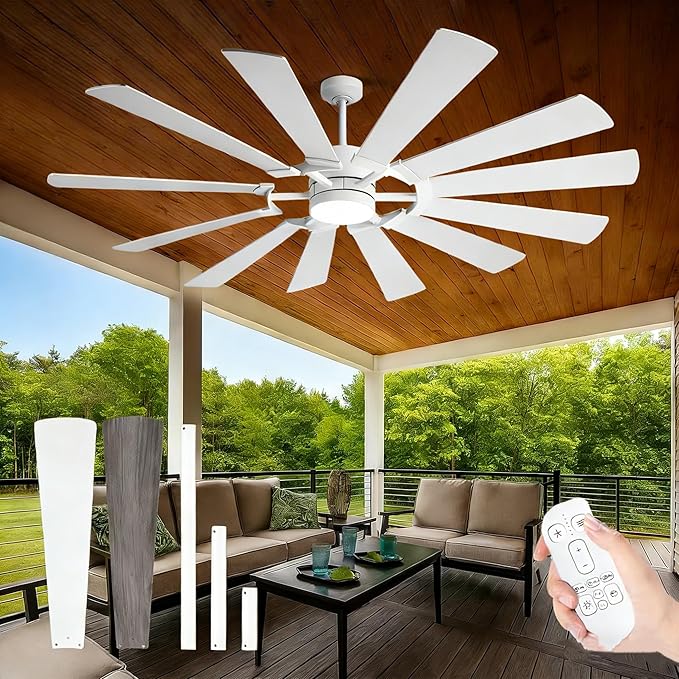 72'' White Outdoor Ceiling Fan with Light,12 Dual-Finish Wind Mill Blades, 3 Downrods, Reversible Motor, High Airflow, Indoor Outdoor Modern Farmhouse Fan for High Space Patio Commercial Shop Barn