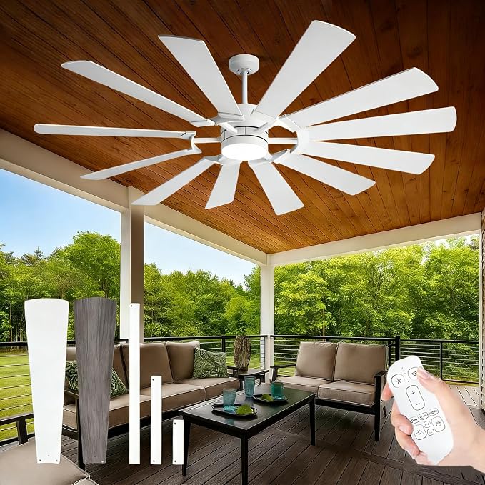 White Outdoor Ceiling Fan with Light and Remote 12-Blade, 62 Inch Modern Ceiling Fan with High CFM, Wind Mill Dual Color Blades, 3 Downrods, DC Motor for Patio Shop Garage Farmhouse Barn