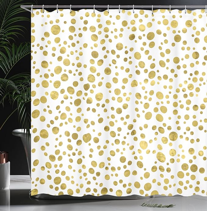 Ambesonne Polka Dots Shower Curtain, Asymmetric Illustration of Round Speckled Forms Irregular Layout Vintage Style 20s Print, Cloth Fabric Bathroom Decor Set with Hooks, 69" W x 84" L, White Yellow