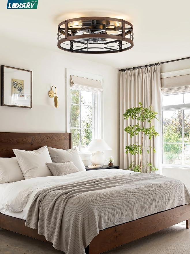LEDIARY 20" Caged Ceiling Fan with Light and Remote, Low Profile Flush Mount Fandelier, Walnut Bladeless Enclosed Small Fan Lights Ceiling Fixtures, Rustic Farmhouse Style for Bedroom, Outdoor