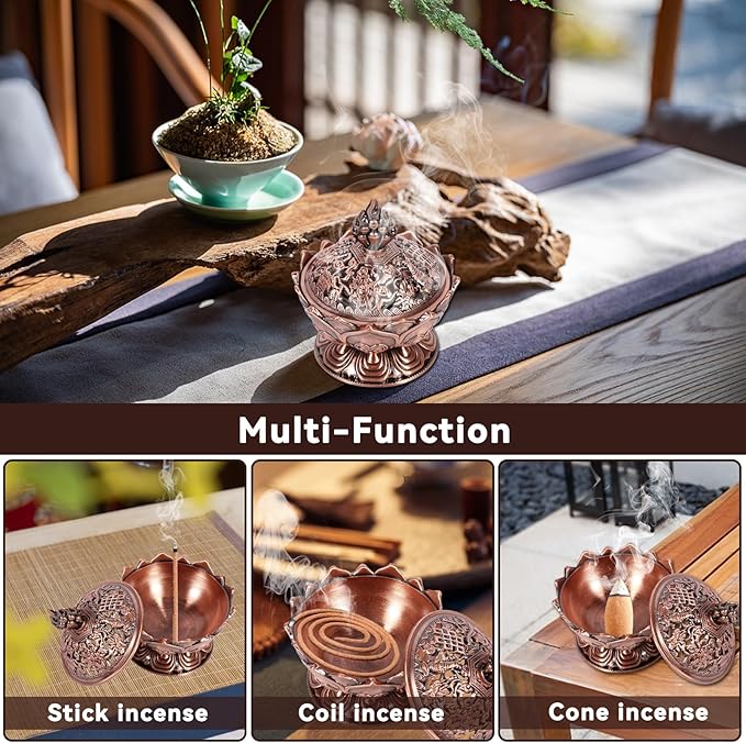 Vintage Backflow Incense Burner Bowl, Lotus Incense Holder Charcoal Ash Catcher Stick Cone Reel Incense for Powder Cone or Coil Incense (Red Bronze)