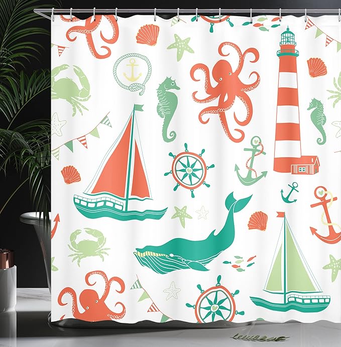 Ambesonne Nautical Shower Curtain, Pastel Colored Composition of Lighthouse Sailboat Fish Shells Octopus, Cloth Fabric Bathroom Decor Set with Hooks, 69" W x 70" L, Vermilion Teal