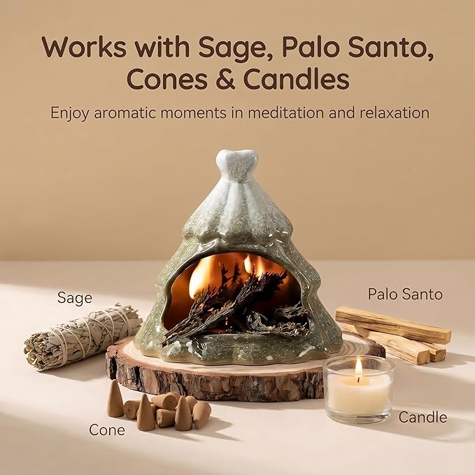 Handmade Ceramic Palo Santo Holder – Suitable for Burning Sage & Palo Santo - Mini Chimenea-Style Burner, an Incense Burner for Spiritual Meditation, Yoga or Home Decoration