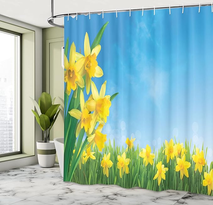 Ambesonne Daffodils Shower Curtain, Spring Narcissus Flowers in Grass Sunny Clear Sky Summer Floral Image, Cloth Fabric Bathroom Decor Set with Hooks, 69" W x 70" L, Green Yellow