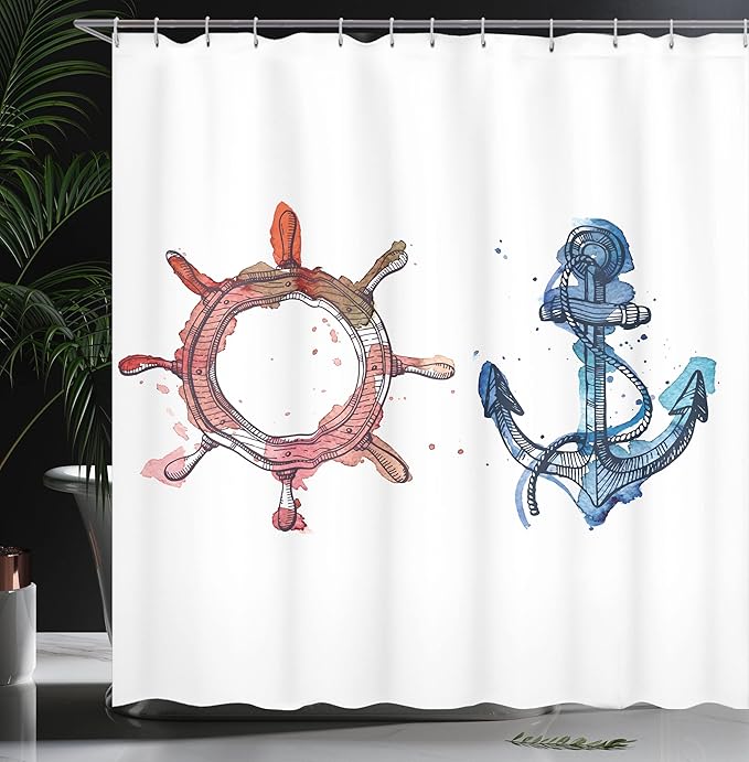 Ambesonne Nautical Shower Curtain, Illustration of an Anchor and Steering Wheel Watercolors Splashes Ink Brush Effects, Cloth Fabric Bathroom Decor Set with Hooks, 69" W x 75" L, Pink Blue