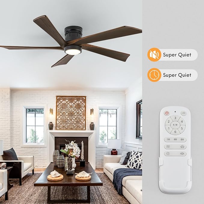 EKIZNSN 64 Inch Outdoor Low Profile Flush Mount Ceiling Fans with Lights and Remote Control for Patios, 6-Gear Speed, 110V Noiseless Reversible DC Motor (Black Finish with Walnut Blades)