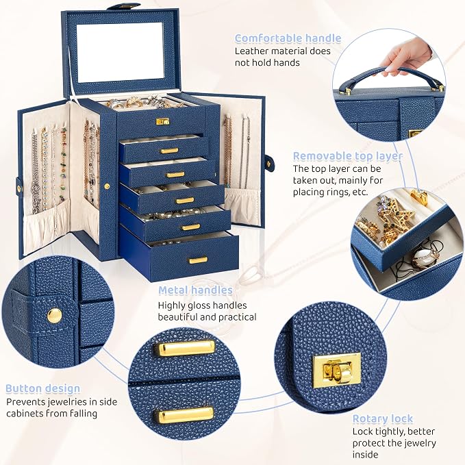 AKOZLIN 6-Tier Jewelry Box Organizer Functional 5 Drawers Leather Jewelry Storage Case for Women Girls Ring Necklace Earring Bracelet Holder Organizer with Mirror Blue Regular