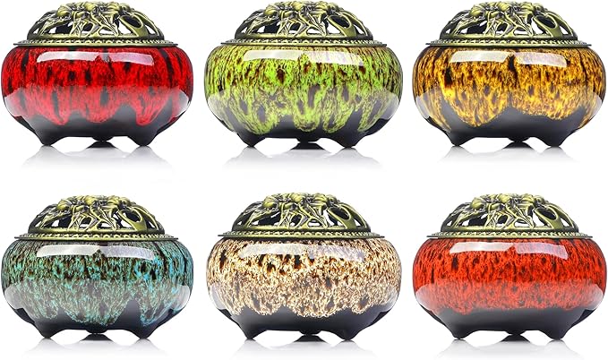Incense Burner with Calabash Incense Stick Holder - Porcelain Charcoal Censer for Use with Resin Granular Powder Cone or Coil Incense (Kiln-Colored Blue)