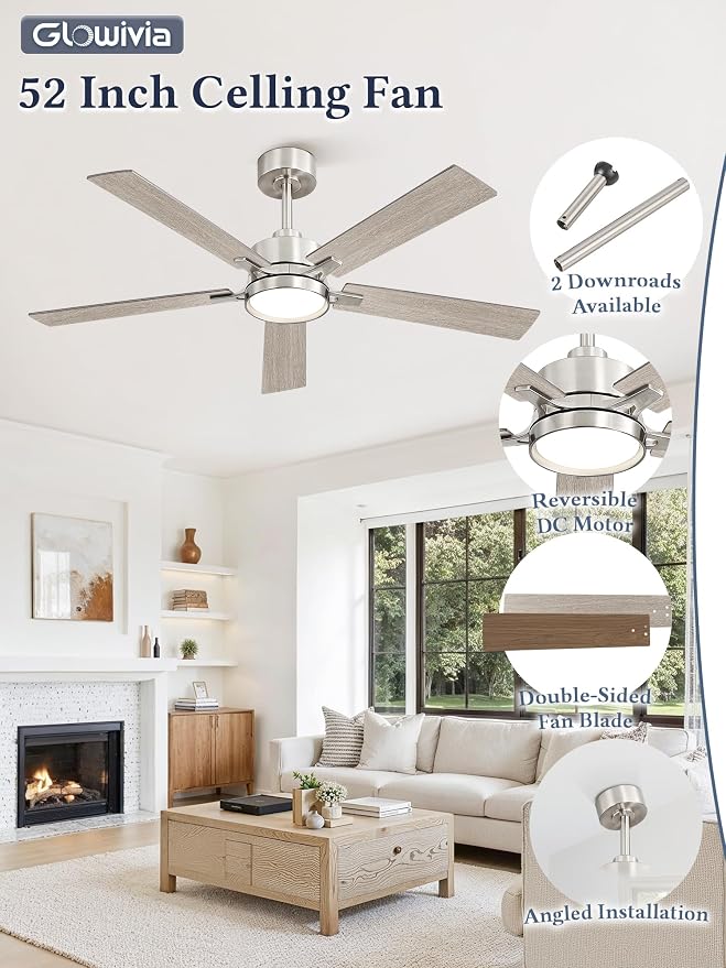 52 Inch Ceiling Fan with Lights and Remote, Smart APP Control, Dimmable with All-Setting Memory, Quiet DC Motor Reversible Blades, Damp Rated Modern Ceiling Fan for Bedroom Patio Living Room
