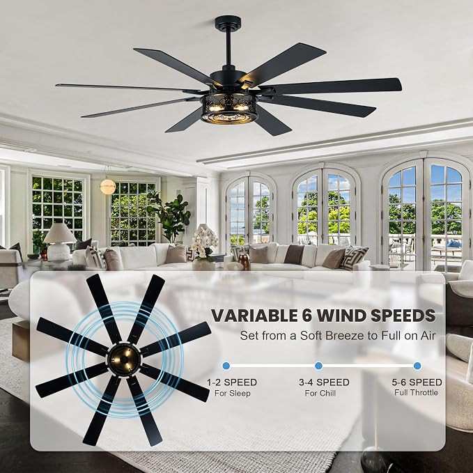 Dawn Whisper 72 Inch Ceiling Fans with Lights Black Farmhouse Ceiling Fan with Remote Quiet Reversible DC Motor 6 Speeds 8 Blades