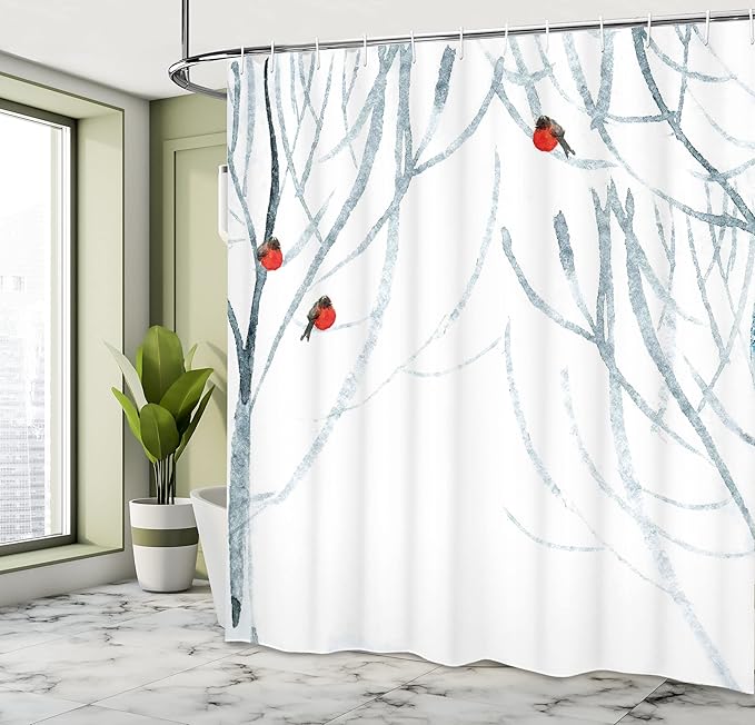 Ambesonne Modern Shower Curtain, Trees Water Colored Image of Winter Woods with Bullfinches Print, Cloth Fabric Bathroom Decor Set with Hooks, 69" W x 75" L, Pale Grey White