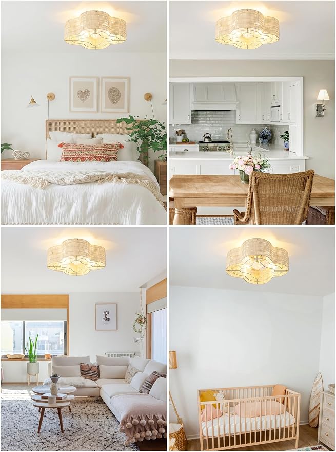 Boho Ceiling Fans with Lights, 20" Low Profile Ceiling Fan with Light Remote Control, Bladeless Flush Mount with 6 Speeds for Bedroom, Nursery, Living Room.