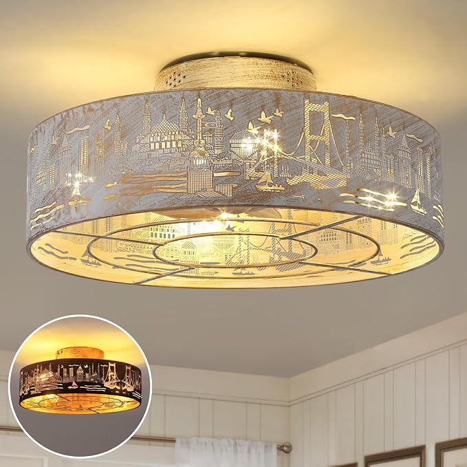 Caged Ceiling Fans with Lights Flush Mount,Low Profile Ceiling Fan with Remote,20 Inch Caged White Fan for Bedroom,6 Speeds Reversible Enclosed Fandalier Ceiling Fan with Bulb