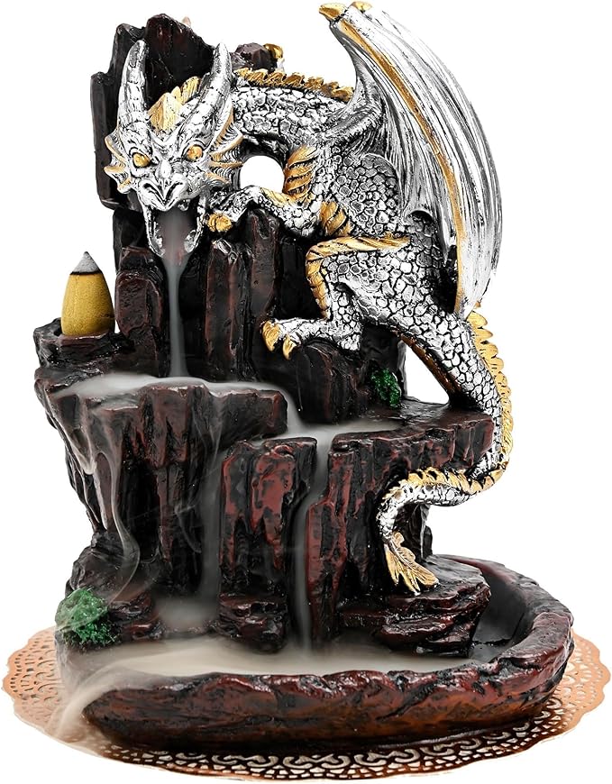 Dragon Backflow 2 Sided Mountain Waterfall Incense Burner,Fountain Smoke Incense Holder with Backflow Incense Cones, Tweezers, Mat，Resin Aromatherapy Meditationvaiuk (Silver)