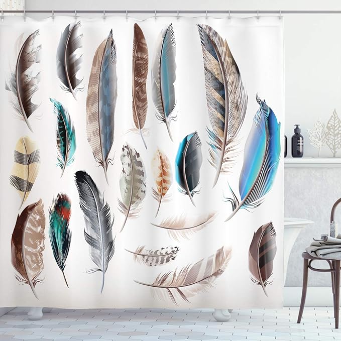 Ambesonne Feathers Shower Curtain, Western Feather Setting Pigmented Bird Body Parts Growth Nature Design, Cloth Fabric Bathroom Decor Set with Hooks, 69" W x 84" L, White Soft Blue Ecru