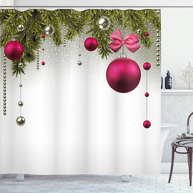 Ambesonne Christmas Shower Curtain, Vivid Fir Twigs and Magenta Balls Framework Special Day Preparation, Cloth Fabric Bathroom Decor Set with Hooks, 69" W x 75" L, Magenta Olive Green Grey