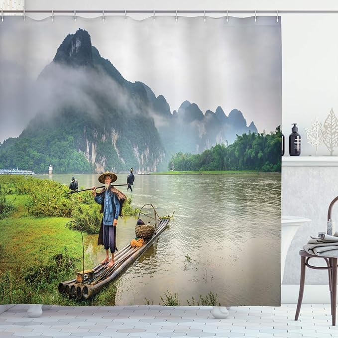 Ambesonne Landscape Shower Curtain, Traditional Chinese Fisherman with Birds and Basket on River Fog Mountains Trees, Cloth Fabric Bathroom Decor Set with Hooks, 69" W x 75" L, Slate Blue