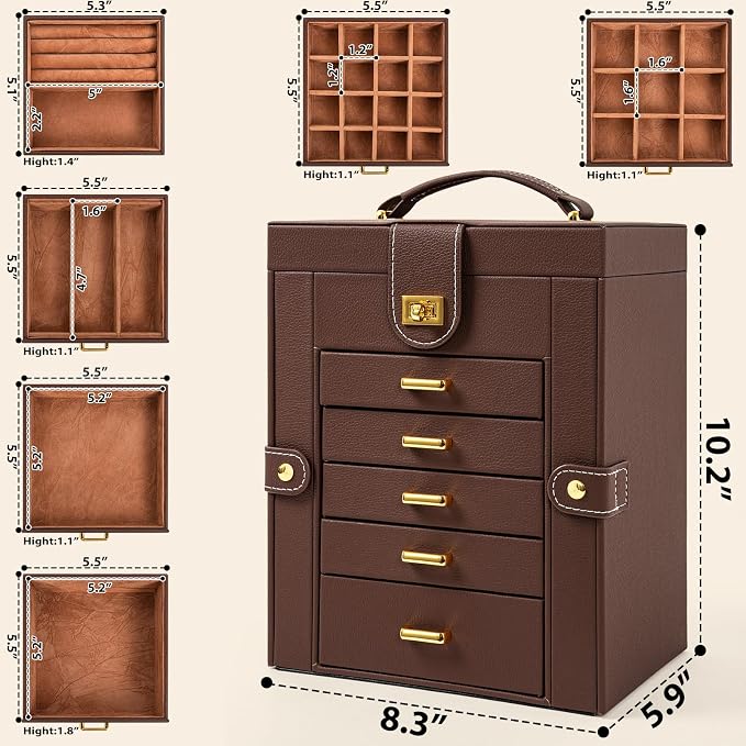 AKOZLIN 6-Tier Jewelry Box Organizer Functional 5 Drawers Leather Jewelry Storage Case for Women Girls Ring Necklace Earring Bracelet Holder Organizer with Mirror Brown Regular