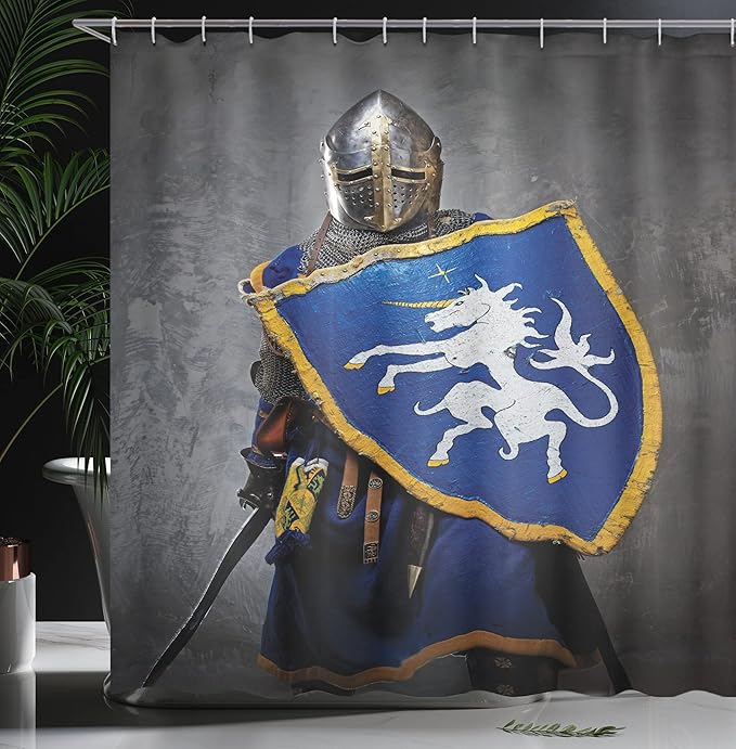 Ambesonne Medieval Shower Curtain, Medieval Knight Holding an Aged Old Shield Historical Theme Digital Print, Cloth Fabric Bathroom Decor Set with Hooks, 69" W x 75" L, Blue Grey
