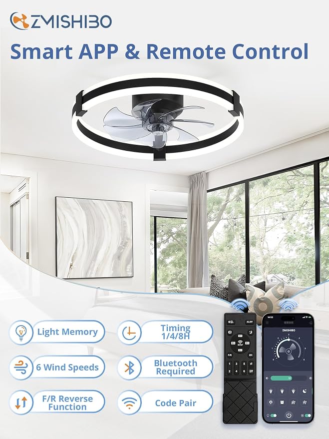 ZMISHIBO Ceiling Fans with Lights and Remote, 20 inch Low Profile Ceiling Fan with Light, 3000K-6000K Dimmable & 6 Wind Speeds, Modern Fandelier Flush Mount Ceiling Fan, Small LED Fan for Bedroom