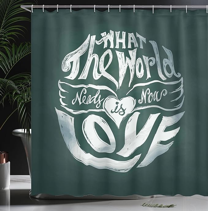 Ambesonne Saying Shower Curtain, What The World Needs Now is Love Lettering Art in Circle Typography Hippie Art, Cloth Fabric Bathroom Decor Set with Hooks, 69" W x 70" L, Emerald White
