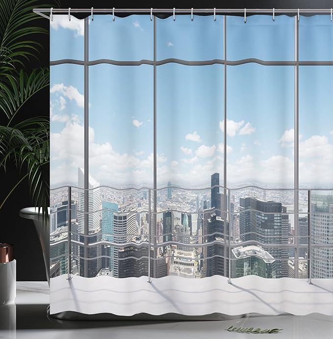 Ambesonne Urban Shower Curtain, Modern Office Work Place View to City Architecture Contemporary Plan, Cloth Fabric Bathroom Decor Set with Hooks, 69" W x 70" L, Grey White Blue