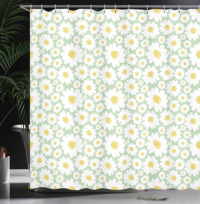 Ambesonne Floral Shower Curtain, Pastel Cartoon Like Flowers Daisies Spring Time Season Artwork Print, Cloth Fabric Bathroom Decor Set with Hooks, 69" W x 75" L, Pale Sage