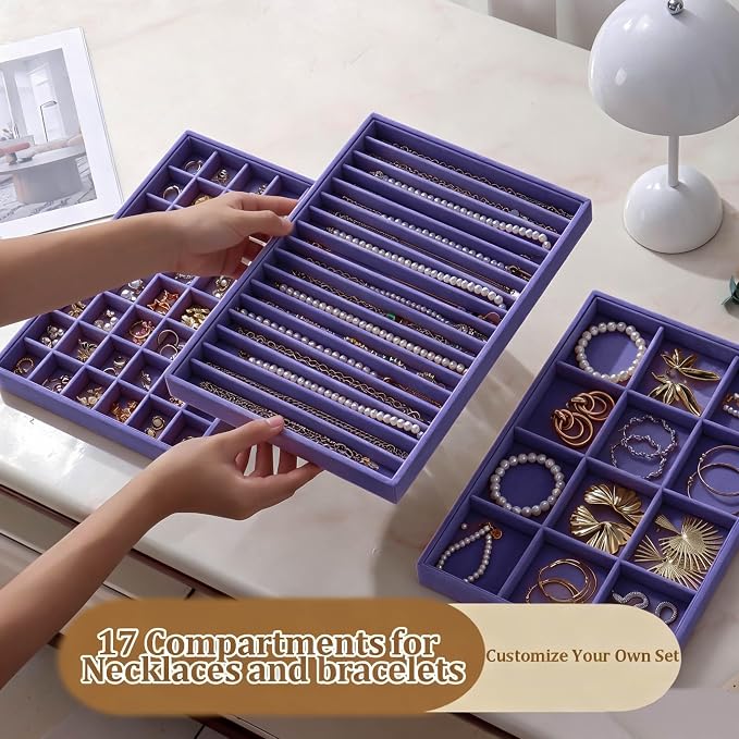 Large Velvet Jewelry Tray 2 Pack Stackable Jewelry Display Drawer Inserts Trays Organizer for Earring Bracelet Necklace Ring (Purple, 16 Grids)