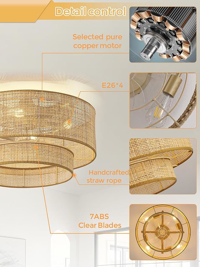 Boho Caged Ceiling Fans with Lights,Rattan Fandelier Ceiling Fans with Lights and Remote Control, Coastal Enclosed Flush Mount with Reversible 6 Speeds for Bedroom Dining Room Kitchen