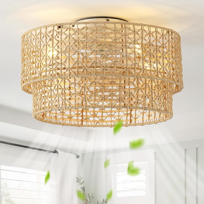 Flush Mount Ceiling Fan with Lights Low Profile, 20" Rattan Boho Ceiling Fan with Light Remote Control, Bladeless Caged with 6 Speeds for Bedroom, Living Room, Nursery