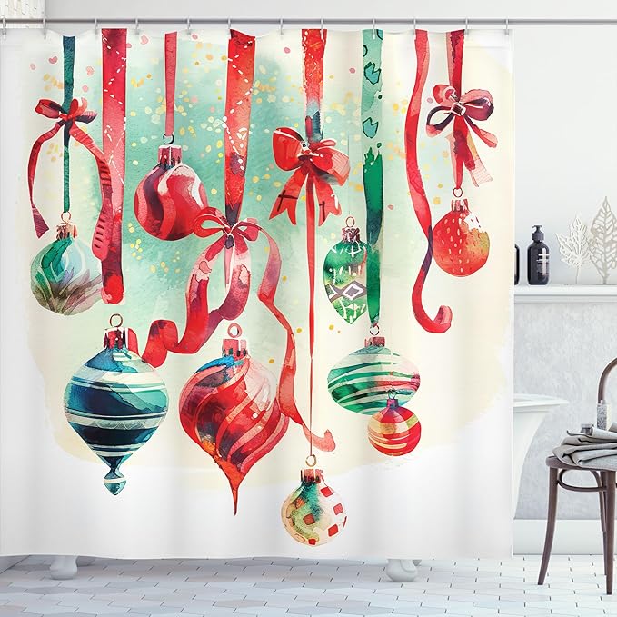Ambesonne Christmas Shower Curtain, Vintage Xmas Theme with Colorful Globes and Laces Ornate Illustration, Cloth Fabric Bathroom Decor Set with Hooks, 69" W x 84" L, Dark Coral Green Blue
