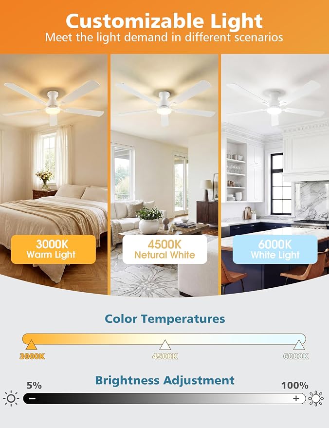 VOLISUN 60 Inch Ceiling Fan with Lights Flush Mount, Low Profile Ceiling Fans with Lights, Remote&APP Control,Dimmable 22W LED Light,Queit&Reversible Fan, White Ceilings Fans for Bedroom, Living Room