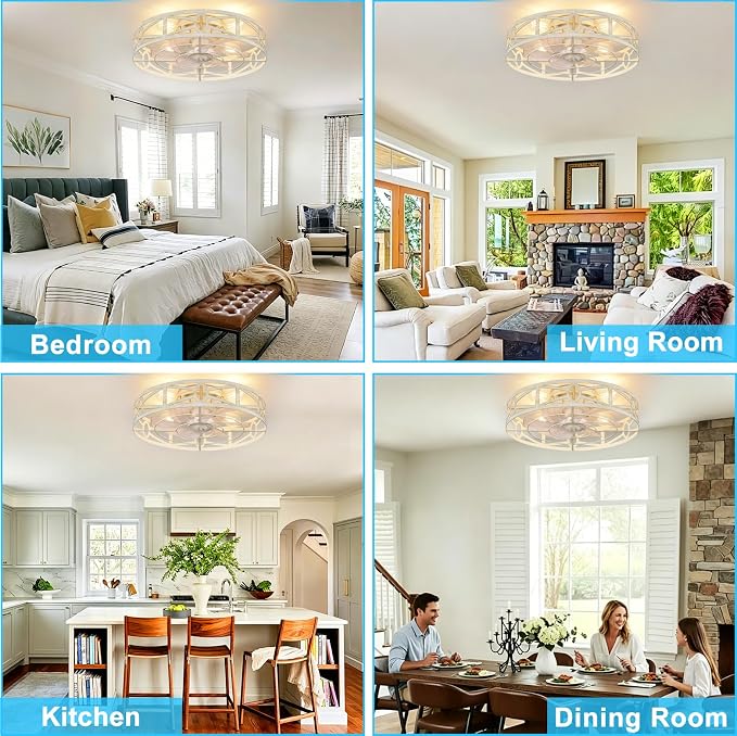 Depuley Flush Mount Ceiling Fan: 20" Caged Ceiling Fans with Remote Control for Patio Kitchen Bedroom - Low Profile Fandelier Lights Fixture Reversible 6 Speed Timer Cement 4*E26 Bulb Not Included