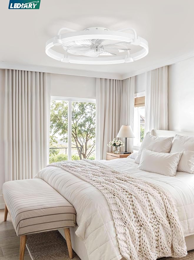 LEDIARY Ceiling Fans with Lights and Remote, 24'' Low Profile Ceiling Fan with Light, 3000-6000K Dimmable Fandelier LED Fan Light, 6 Wind Speeds, White Modern Flush Mount Ceiling Fan for Bedroom