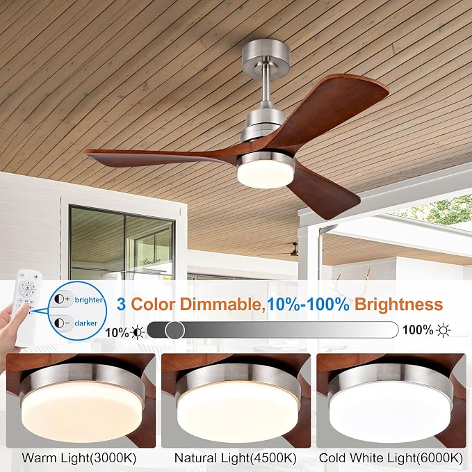 42 Inch Wood Ceiling Fans with Lights and Remote, Brushed Nickel Outdoor Ceiling Fan with Light, Dimmable 3 Blades Outdoor Fans for Patios Noiseless Modern Ceiling Fans for Bedroom Living Room