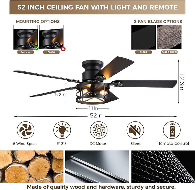 JSAITEE 52in Flush Mount Farmhouse Ceiling Fan with Lights, Caged | Low Profile Fan Light with E12 Base(Bulbs Not Included), 6 Speeds Adjustable&Timer, Rustic Lighting Fan for Indoor/Outdoor