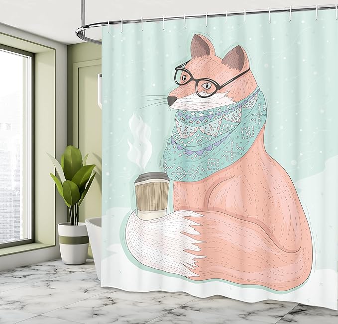 Ambesonne Animal Shower Curtain, Hipster Fox Glasses and Scarf Drinking Coffee Hippie Illustration, Cloth Fabric Bathroom Decor Set with Hooks, 69" W x 75" L, Coral Mint