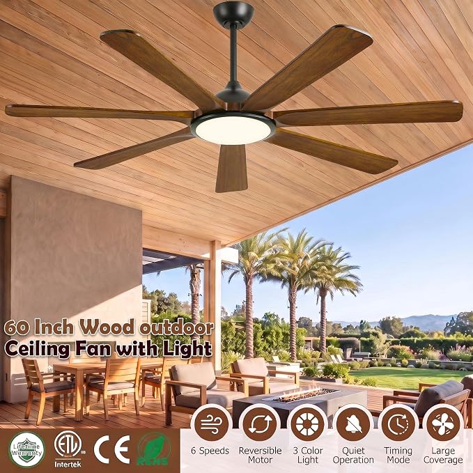 60 inch Ceiling Fan with Light, Farmhouse Rustic 7 Solid Wood Blades, Indoor Outdoor Fan Work with Alexa/Gg Voice Control/App/Remote, Ultra Quiet DC Motor, ETL Listed 9321 CFM High Airflow