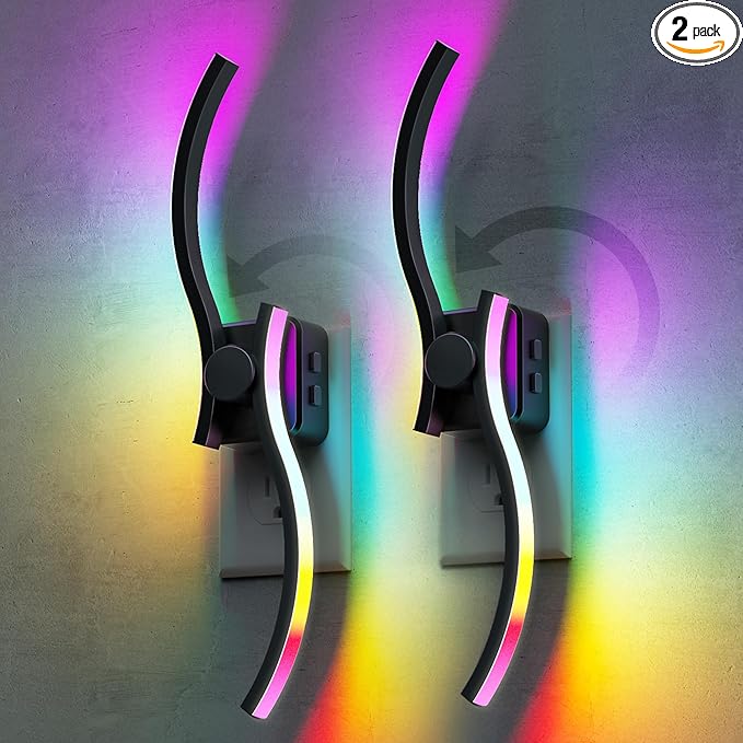 L LOHAS LED Night Light, 2 Pack Night Lights Plug into Wall | Modern Nightlight with Dusk to Dawn Sensor, 3000K & RBG Dimmable Wave Plug in Night Light, for Bedroom Bathroom Hallway