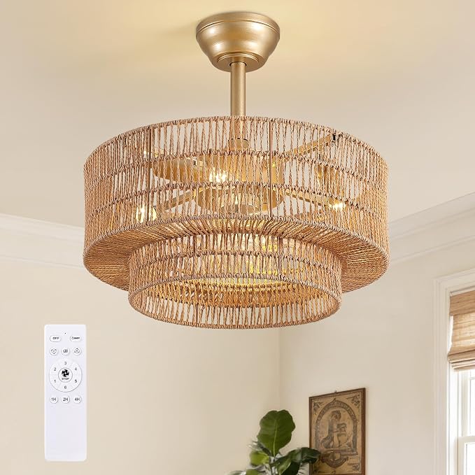 20" Boho Ceiling Fan Light and Remote, Rattan Ceiling Fan light Caged Fandelier with Lights Flush Mount, 6 Wind Speeds Enclosed Ceiling Fan for Bedroom, Living Room, Dining Room