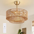 20" Boho Ceiling Fan Light and Remote, Rattan Ceiling Fan light Caged Fandelier with Lights Flush Mount, 6 Wind Speeds Enclosed Ceiling Fan for Bedroom, Living Room, Dining Room