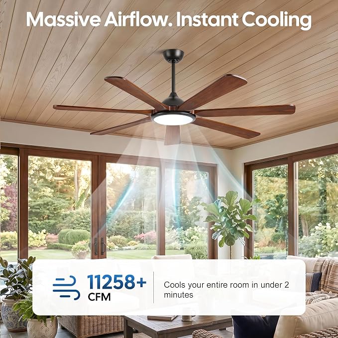 72 inch Solid Wood Smart Ceiling Fan with Lights, Alexa Voice Control,Modern Rustic Farmhouse Outdoor 7-Blade Ceiling Fan for Large Room Patio Gazebo, Damp Rated high air volume, DC motor